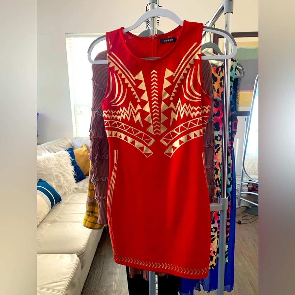 Red & gold mini bodycon dress with back cutouts, medium